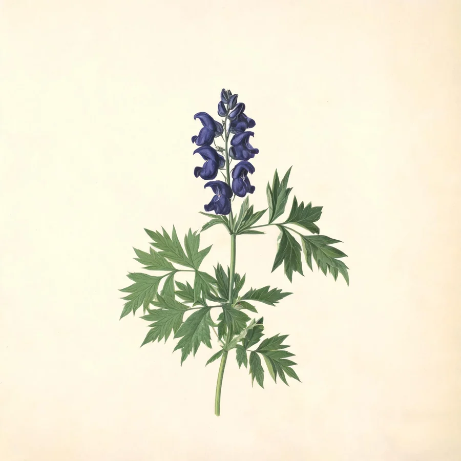 Botanical illustration of Aconitum carmichaelii in flower, showing its leaves and flowering stem