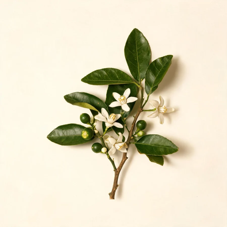 Botanical illustration of Citrus aurantium in flower, showing its leaves and flowering stem